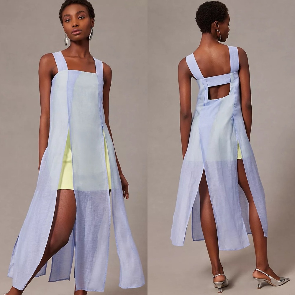 Anthropologie Square-Neck Linen Blend Mini Overlay Slit Dress